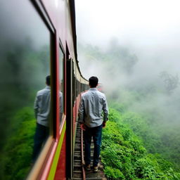 A train navigating through a lush forest in Darjeeling, surrounded by misty clouds enveloping the landscape in a mystical atmosphere