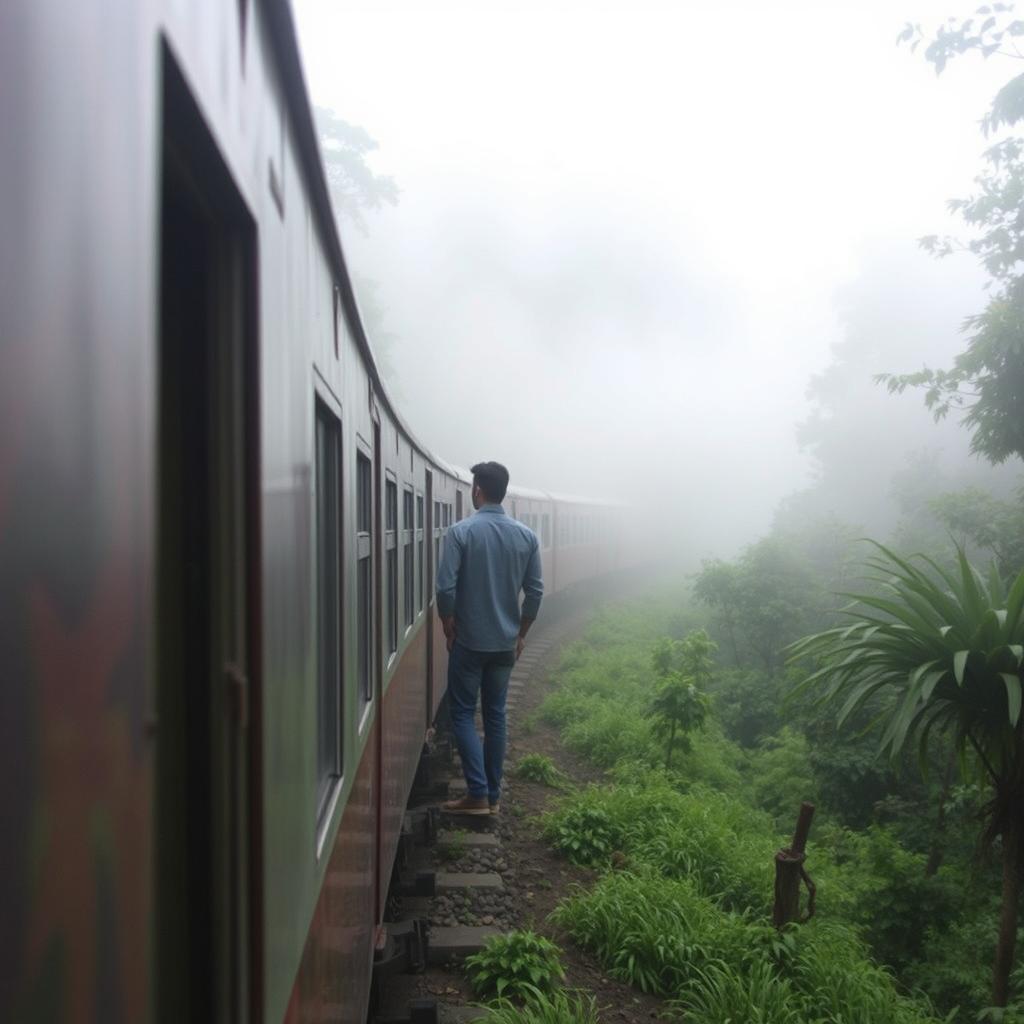 A train navigating through a lush forest in Darjeeling, surrounded by misty clouds enveloping the landscape in a mystical atmosphere