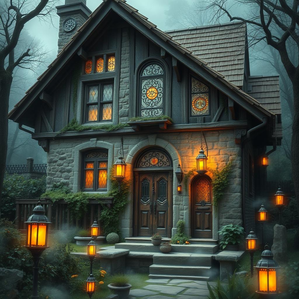 An ancient, mystical house in a Dungeons & Dragons style, exuding an aura of mystery and enchantment