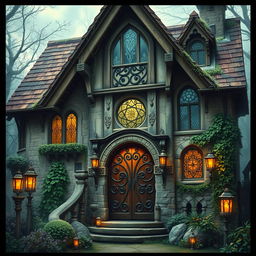 An ancient, mystical house in a Dungeons & Dragons style, exuding an aura of mystery and enchantment