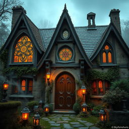 An ancient, mystical house in a Dungeons & Dragons style, exuding an aura of mystery and enchantment