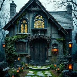 An ancient, mystical house in a Dungeons & Dragons style, exuding an aura of mystery and enchantment