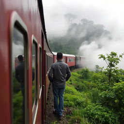 A train winds through a dense forest in Darjeeling, embraced by ethereal clouds that lend a mystical aura to the scene