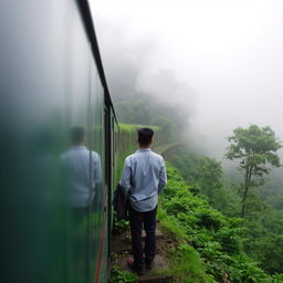 A train winds through a dense forest in Darjeeling, embraced by ethereal clouds that lend a mystical aura to the scene