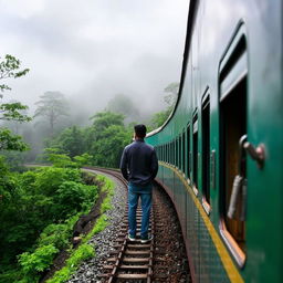 A train winds through a dense forest in Darjeeling, embraced by ethereal clouds that lend a mystical aura to the scene