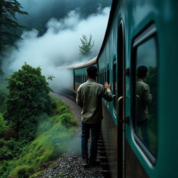 A train winds through a dense forest in Darjeeling, embraced by ethereal clouds that lend a mystical aura to the scene