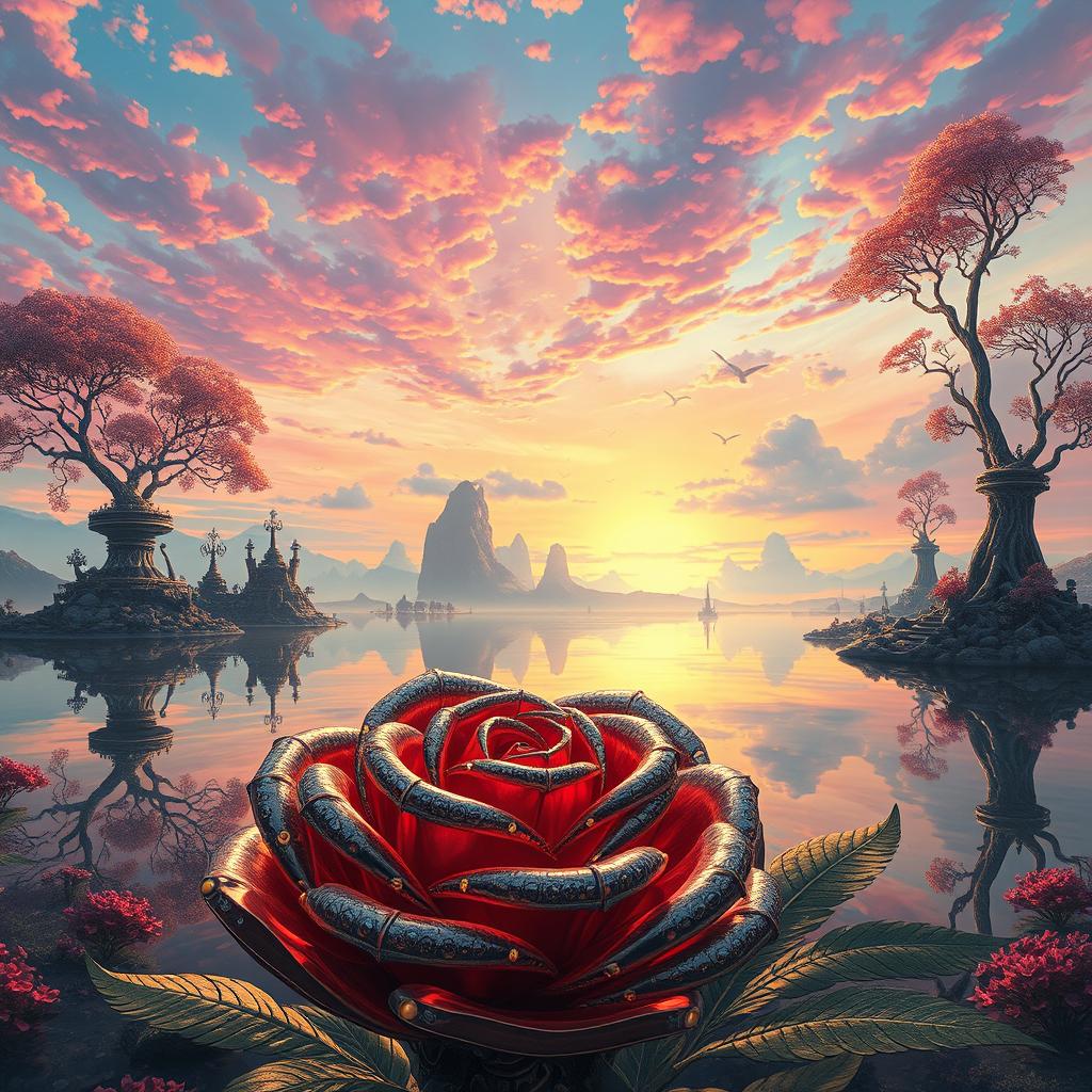 A breathtaking landscape painted in the style of Hajime Sorayama, featuring surreal elements and intricate metallic details