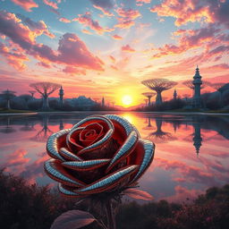 A breathtaking landscape painted in the style of Hajime Sorayama, featuring surreal elements and intricate metallic details