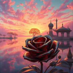 A breathtaking landscape painted in the style of Hajime Sorayama, featuring surreal elements and intricate metallic details