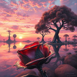 A breathtaking landscape painted in the style of Hajime Sorayama, featuring surreal elements and intricate metallic details