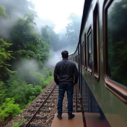 A train travels through the lush, mist-covered forests of Darjeeling, surrounded by a mystical atmosphere