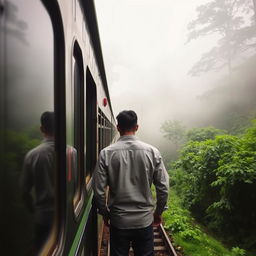 A train travels through the lush, mist-covered forests of Darjeeling, surrounded by a mystical atmosphere