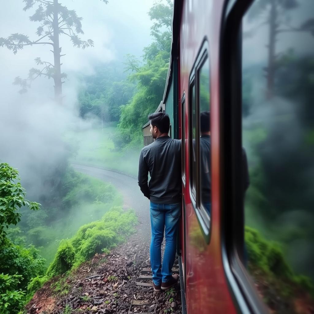 A train travels through the lush, mist-covered forests of Darjeeling, surrounded by a mystical atmosphere