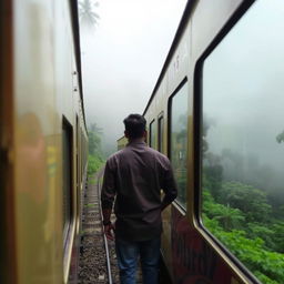 A train travels through the lush, mist-covered forests of Darjeeling, surrounded by a mystical atmosphere