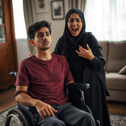 A tall young man with a long face and brown skin, seated in a wheelchair, displaying a serene expression despite his paralysis