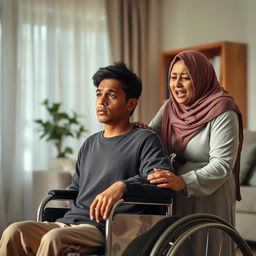 A tall young man with a long face and brown skin, seated in a wheelchair, displaying a serene expression despite his paralysis