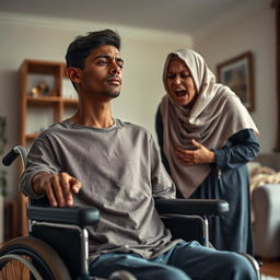 A tall young man with a long face and brown skin, seated in a wheelchair, displaying a serene expression despite his paralysis