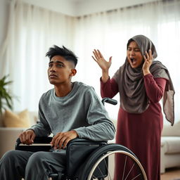 A tall young man with a long face and brown skin, seated in a wheelchair, displaying a serene expression despite his paralysis