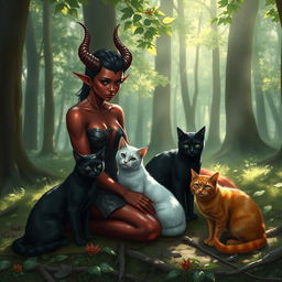 A mystical Dungeons & Dragons-style scene featuring a Tiefling character kneeling gracefully on the forest floor