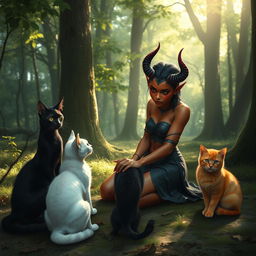 A mystical Dungeons & Dragons-style scene featuring a Tiefling character kneeling gracefully on the forest floor