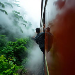 A train moving through the dense forest of Darjeeling, surrounded by ethereal clouds