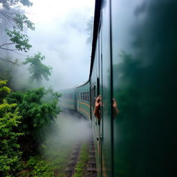 A train moving through the dense forest of Darjeeling, surrounded by ethereal clouds