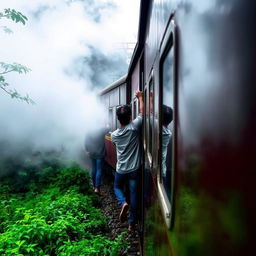 A train moving through the dense forest of Darjeeling, surrounded by ethereal clouds