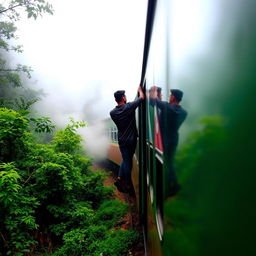 A train moving through the dense forest of Darjeeling, surrounded by ethereal clouds