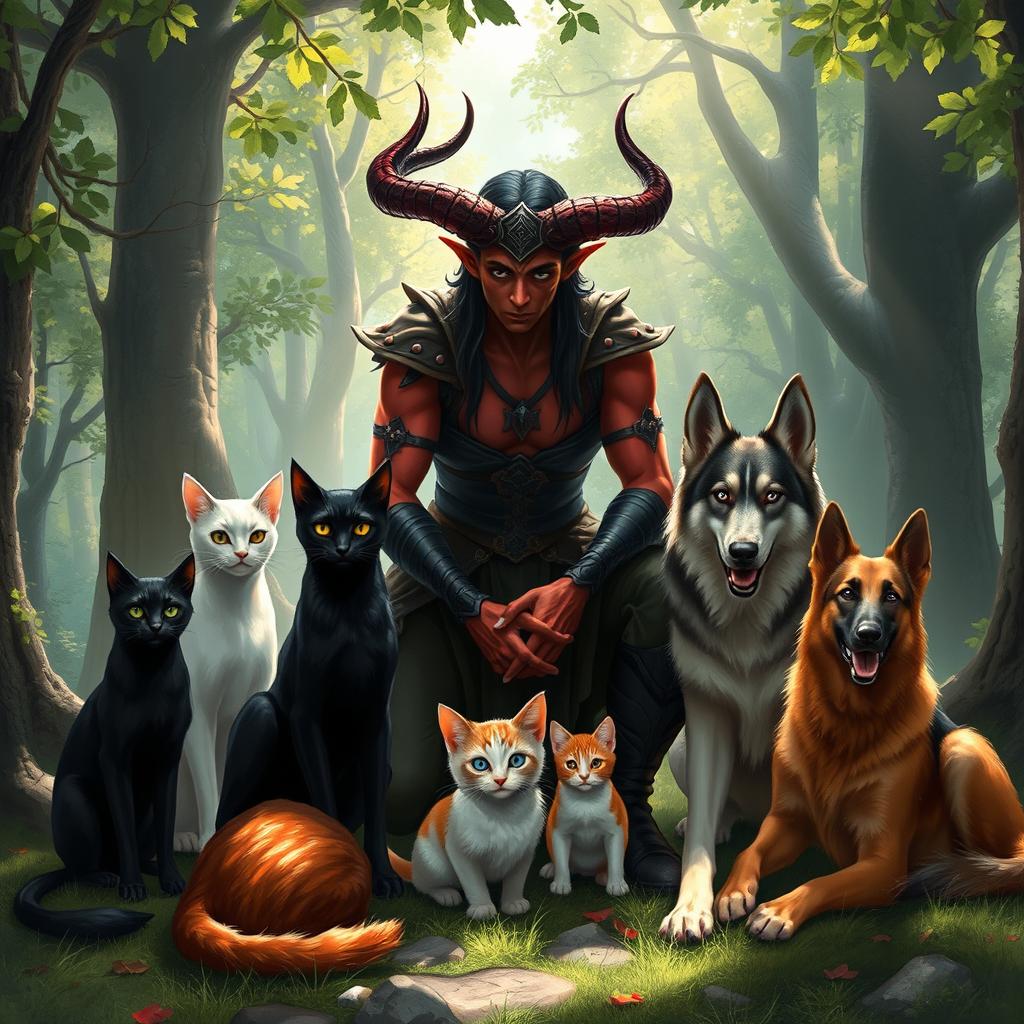 A breathtaking Dungeons & Dragons-style scene featuring a Tiefling character kneeling in an enchanting forest setting