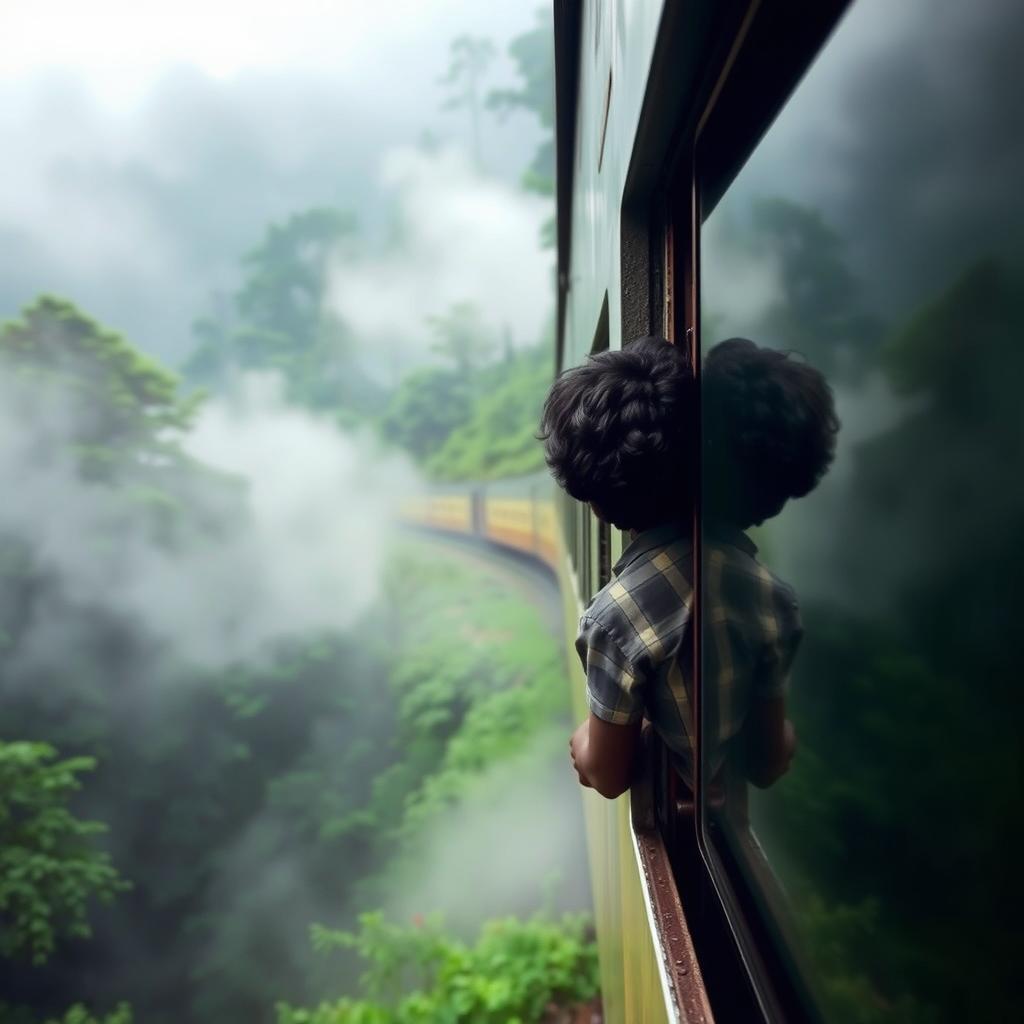 A train travels through a lush, mist-covered forest in Darjeeling, surrounded by mystical clouds