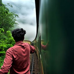 A train travels through a lush, mist-covered forest in Darjeeling, surrounded by mystical clouds