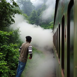 A train travels through a lush, mist-covered forest in Darjeeling, surrounded by mystical clouds