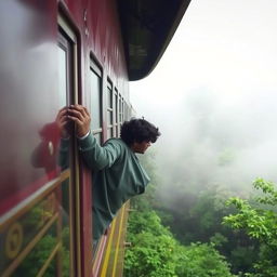 A train travels through a lush, mist-covered forest in Darjeeling, surrounded by mystical clouds