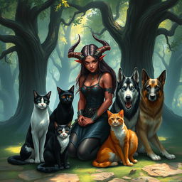 A captivating Dungeons & Dragons-style scene depicting a female Tiefling character gracefully kneeling in a mystical forest setting