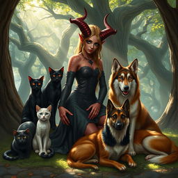 A captivating Dungeons & Dragons-style scene depicting a female Tiefling character gracefully kneeling in a mystical forest setting