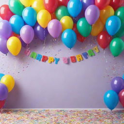 A festive birthday background filled with colorful balloons, streamers, confetti and a large 'Happy Birthday' banner in the center.