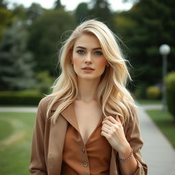 a 30-year-old Caucasian woman with Slavic features, blonde hair, wearing a stylish outfit, posing in a serene outdoor setting, exuding confidence and elegance