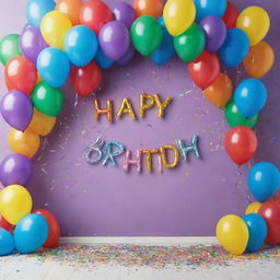 A festive birthday background filled with colorful balloons, streamers, confetti and a large 'Happy Birthday' banner in the center.