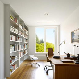 A modernly designed, well-lit home office with white walls. It has a spacious wooden desk, comfortable chair, shelves filled with books, and a large window with a great outdoor view.