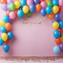 A festive birthday background filled with colorful balloons, streamers, confetti and a large 'Happy Birthday' banner in the center.