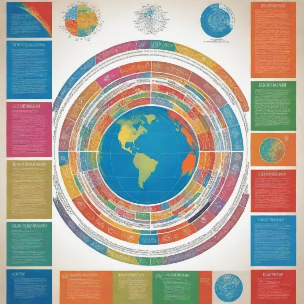 Design a vibrant and informative poster highlighting the Millennium Development Goals, with infographic elements representing each of the eight goals symbolically, showing unity and progress in a global perspective.