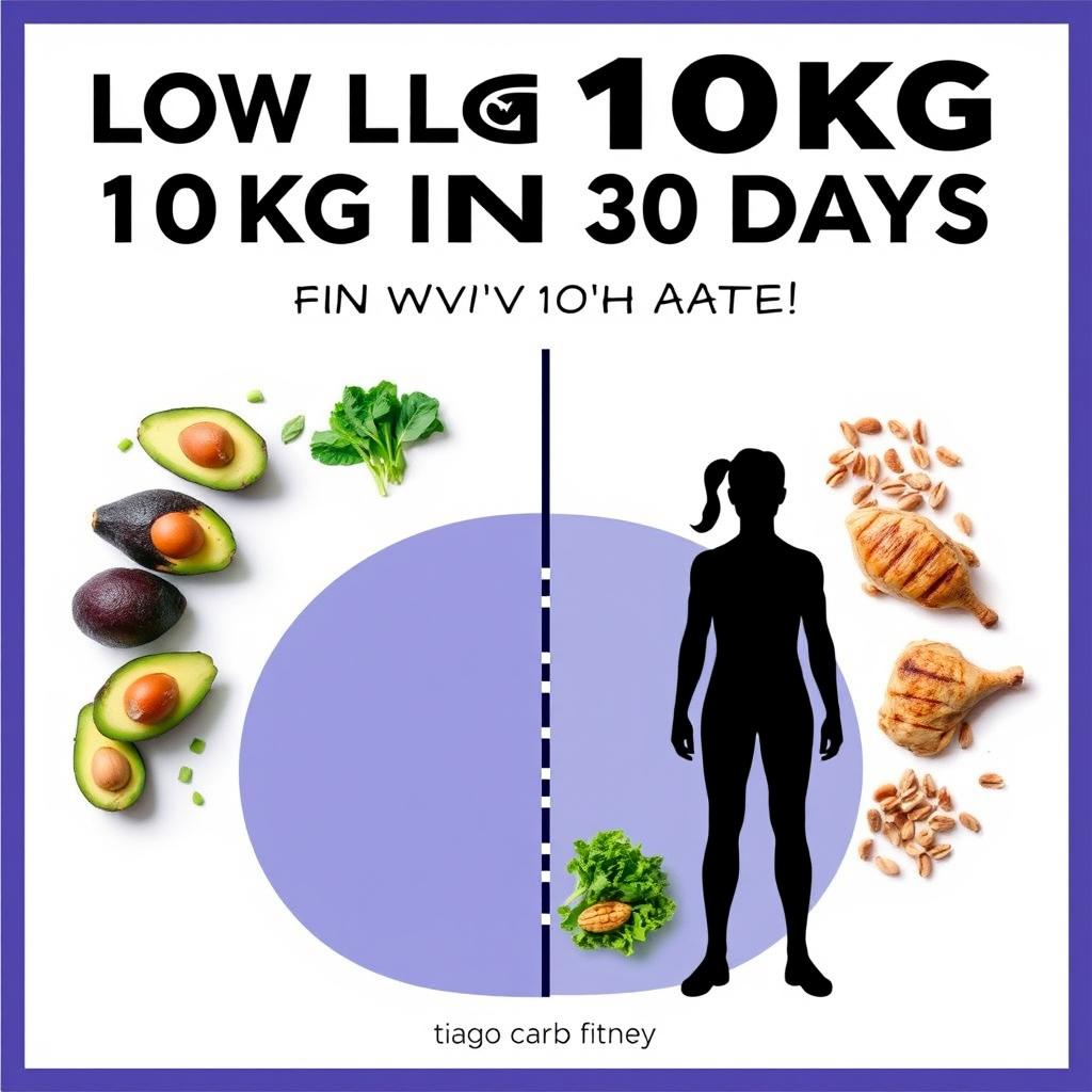 A stylish and sleek health and fitness poster depicting a transformation journey of losing 10kg in 30 days with a low-carb diet