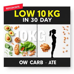 A stylish and sleek health and fitness poster depicting a transformation journey of losing 10kg in 30 days with a low-carb diet