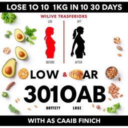 A stylish and sleek health and fitness poster depicting a transformation journey of losing 10kg in 30 days with a low-carb diet