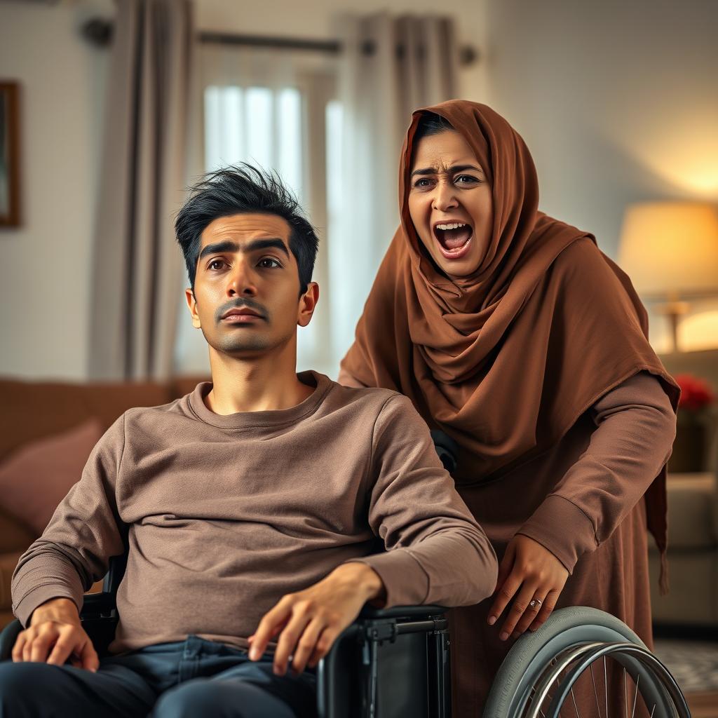 A young thirty-year-old man with a long face and brown skin, seated in a wheelchair with a calm expression despite his paralysis