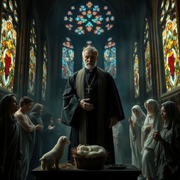 A grief-stricken reverend stands in the center of a dimly lit chapel, his expression a mix of determination and sorrow