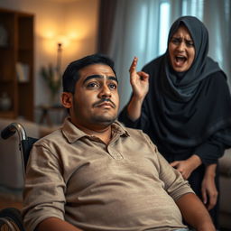 A young thirty-year-old man with a long face and brown skin, seated in a wheelchair with a calm expression despite his paralysis