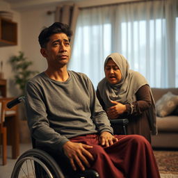 A young thirty-year-old man with a long face and brown skin, seated in a wheelchair with a calm expression despite his paralysis