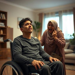 A young thirty-year-old man with a long face and brown skin, seated in a wheelchair with a calm expression despite his paralysis