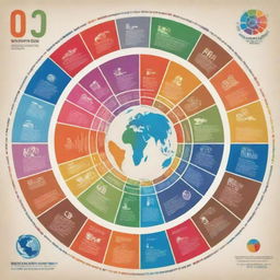 Design a vibrant and informative poster highlighting the Millennium Development Goals, with infographic elements representing each of the eight goals symbolically, showing unity and progress in a global perspective.